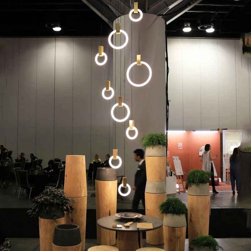Modern Long Spiral Staircase Chandelier, Multi‑Circle Ring LED Pendant Light, High Ceiling Suspension Hanging Lamp for Villa