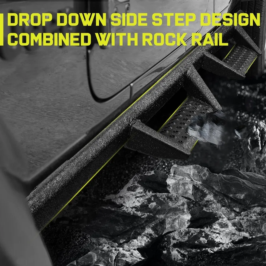 لوحات تشغيل بتصميم منحني متوافقة مع 20182025 جيب رانجلر JL 4 خطوات جانبية منسدلة مع قضبان الصخور الثقيلة