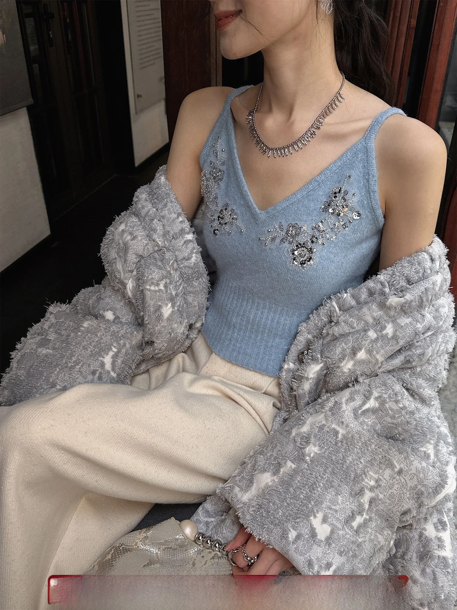 

Sanji Bla Flower New Chinese Sle Knitted Vest Bead Embroidery Women's Base Layer Top Trendy Inner Wear Commute Sle Slim...