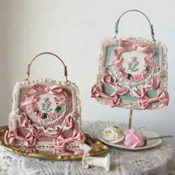 Vintage vittoriano Lolita borse donna elegante fiocco fiore pizzo ricamo borsa Cosplay palazzo principessa Tea Party Dance Bag