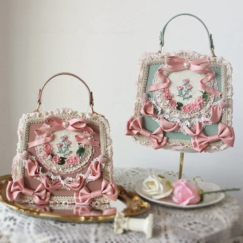 Vintage Victorian Lolita Bags Women Elegant Bow Flower Lace Embroidery Handbag Cosplay Palace Princess Tea Party Dance Bag