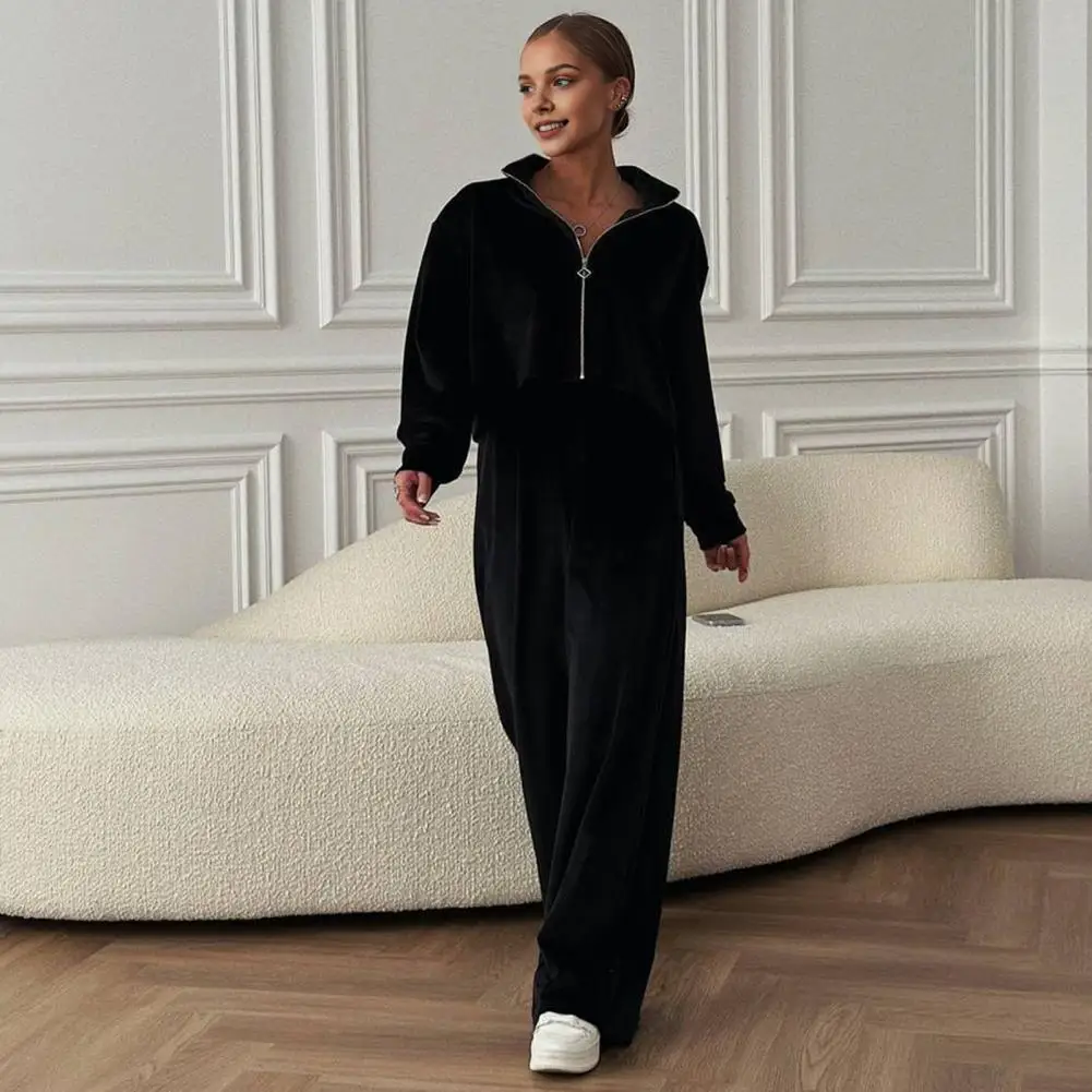 Wear Tracksuit Golden Velvet Tracksuit Set with Stand Collar Coat Wide Leg Pants for Women Winter Wear Outfit with Drawstring