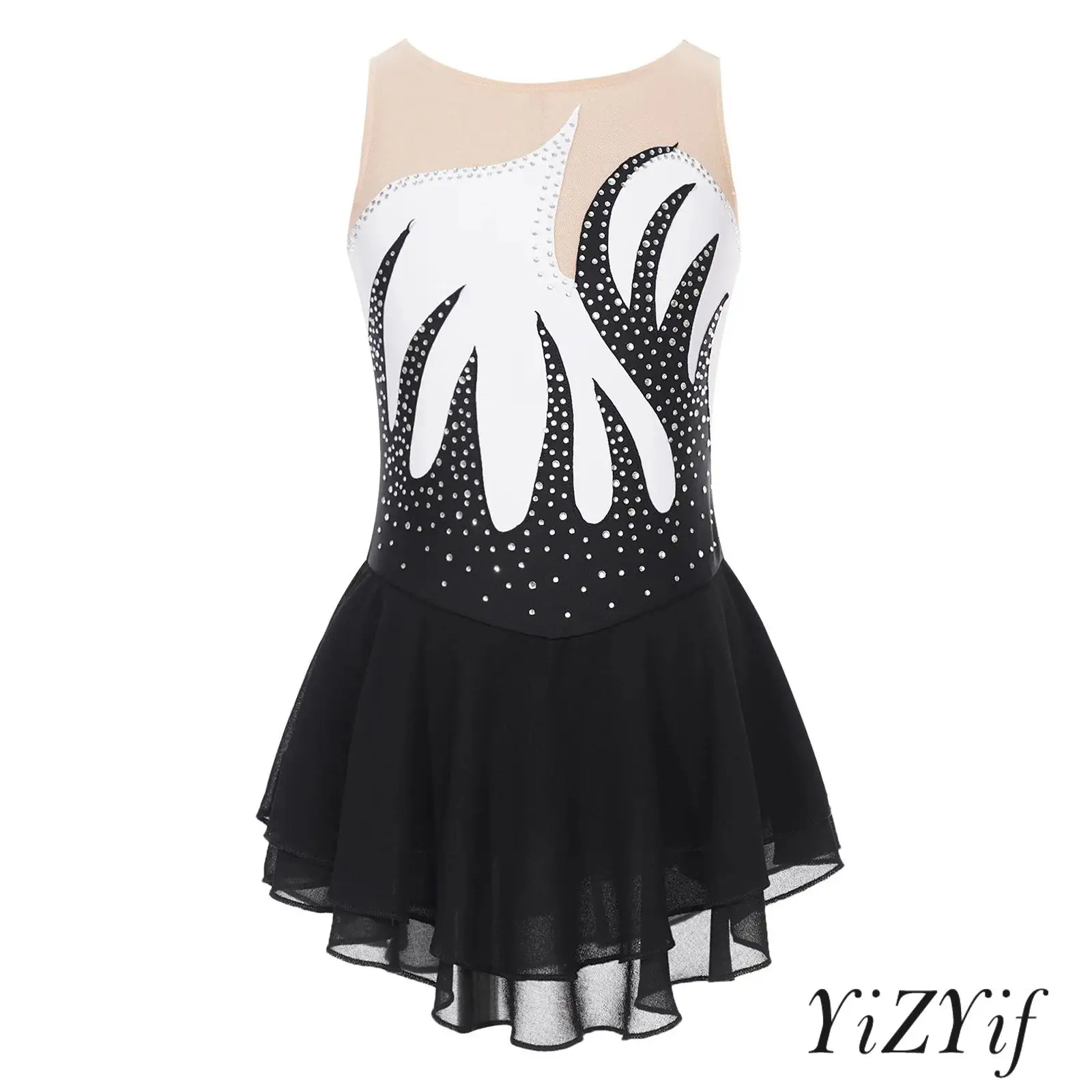 

Girls Sleeveless Dance Dress Figure Skating Performance Ballerina Costume Shiny Rhinestone Color Block Mesh Patchwork Dresses