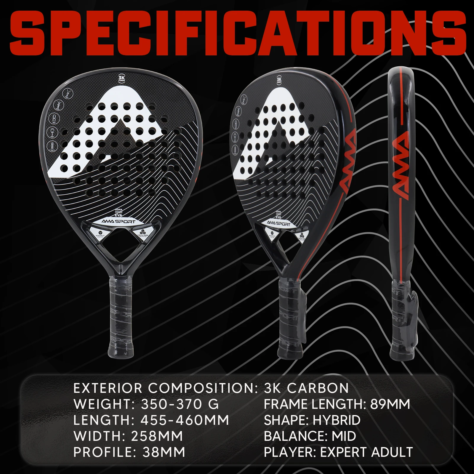 AMASPORT Padel Racket Pop 3K خفيف الوزن من ألياف الكربون للرجال مضرب تنس متوسط التوازن مع لينة إيفا المسيل للدموع قطرة الشكل Padel