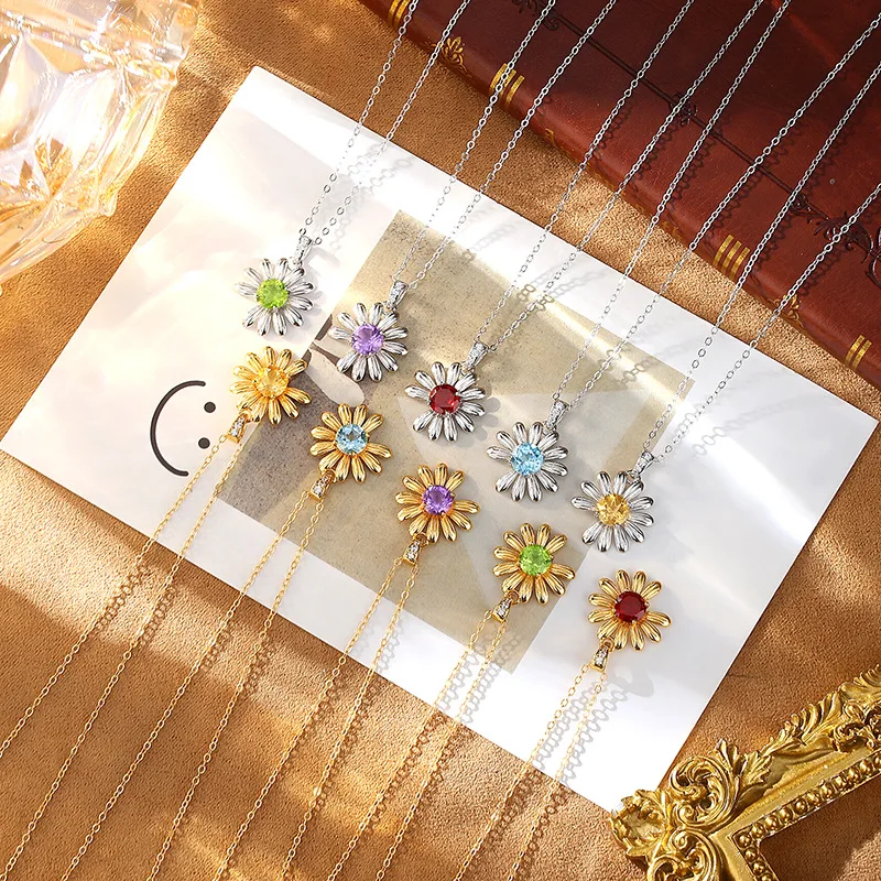 Luxury S925 Silver Daisy Pendant Necklace Women Natural Amethyst Citrine Topaz Peridot Garnet Rustic Clavicle Chain Gold Silver