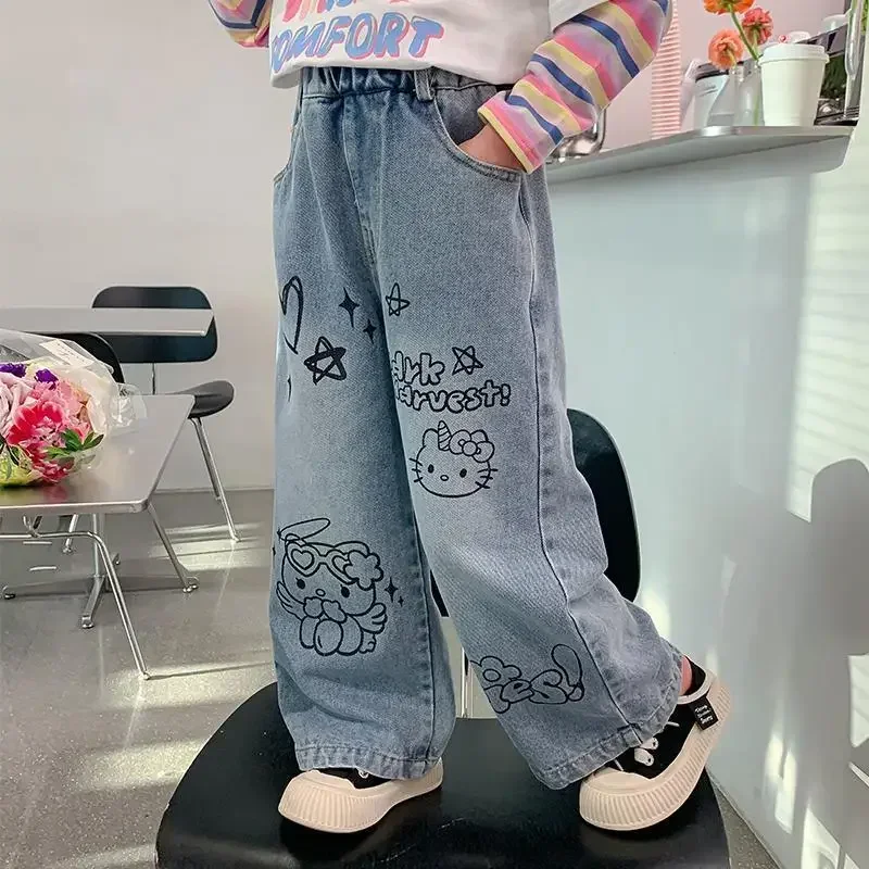 

Sanrios Hello Kitty Girl Jeans Straight Pants Cartoon Cartoon Kawaii Child Pants Comfortable Loose Thermal Pants Fashion Gift