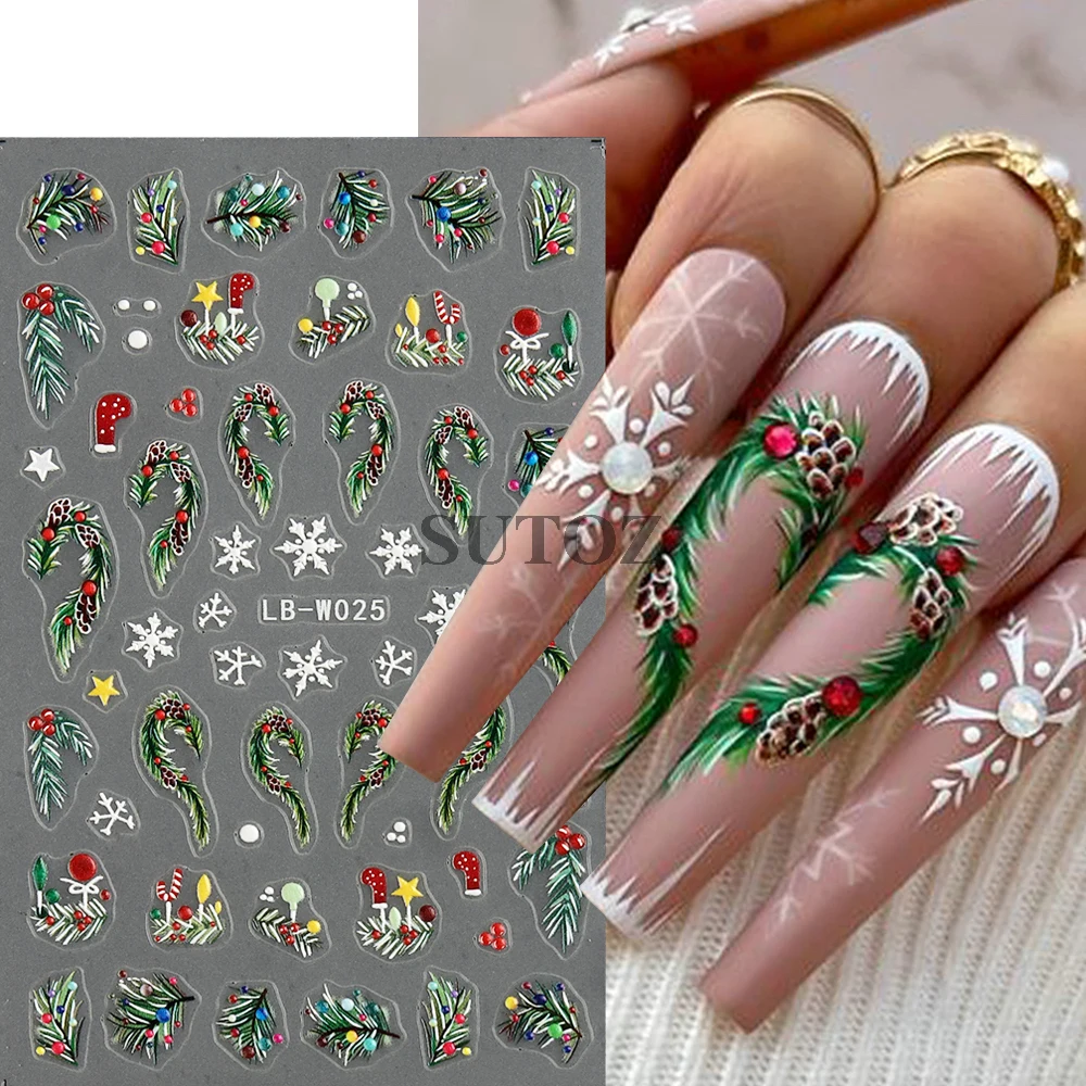 Embossed Christmas Nail Stickers Green Leaf Branch Snowflake Elks Nail Sliders Winter New Year Decors Manicure Decals GLLB-W025