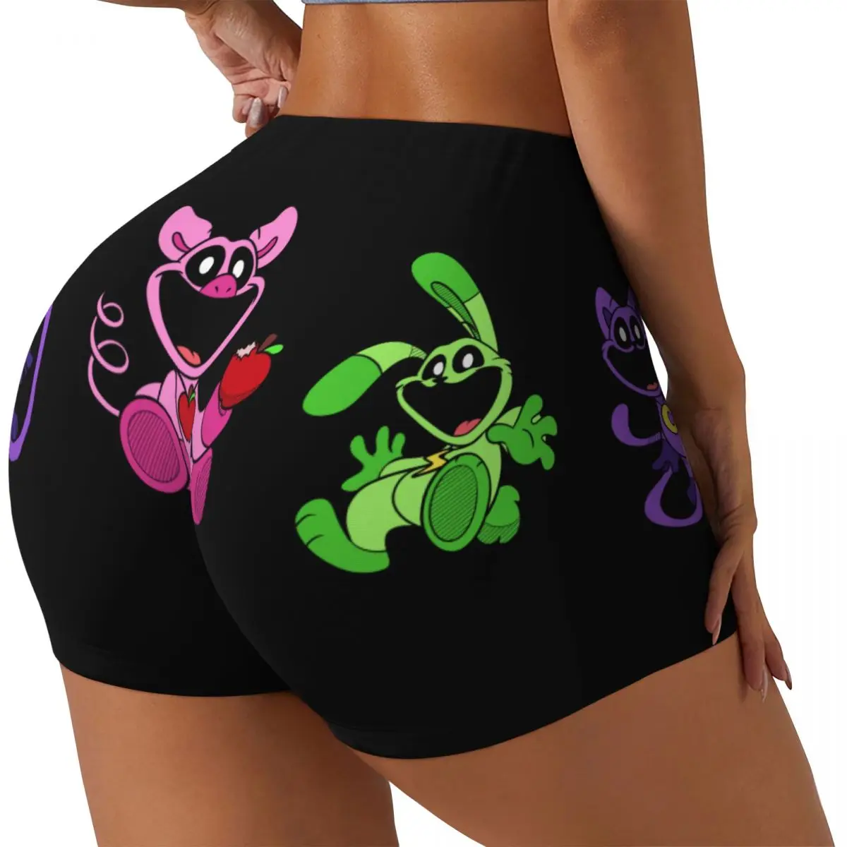 Custom Green Smiling Big Mouth Rabbit Critters Volleyball Biker Workout Shorts Women Scarry Game Athletic Gym Yoga Shorts