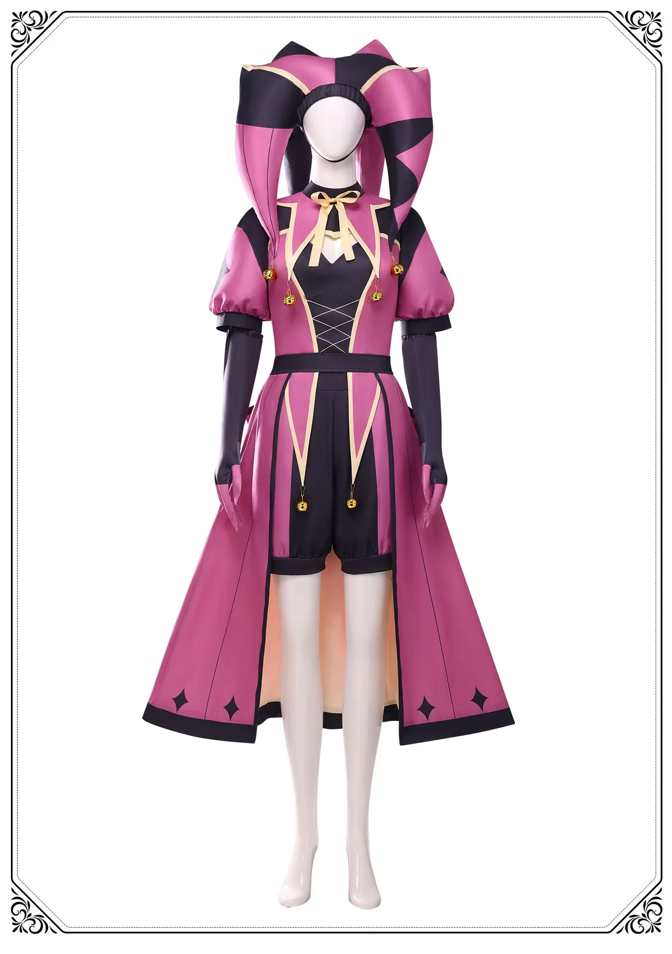 Fantastic Circus Dark‑Angel Pink‑Black Jester Clown Cosplay Costume, Outfit for Halloween Party & Comic‑Con Convention view 2