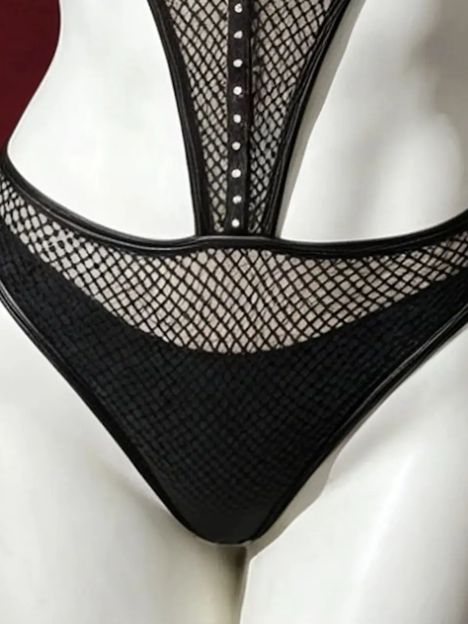 【 Fragments.SPECIAL LINK:THE MASCOT'SLITTLE GIFT.】 Chic Black Studded Halter Bodysuit with Fishnet Mesh and Faux Leather - view 4
