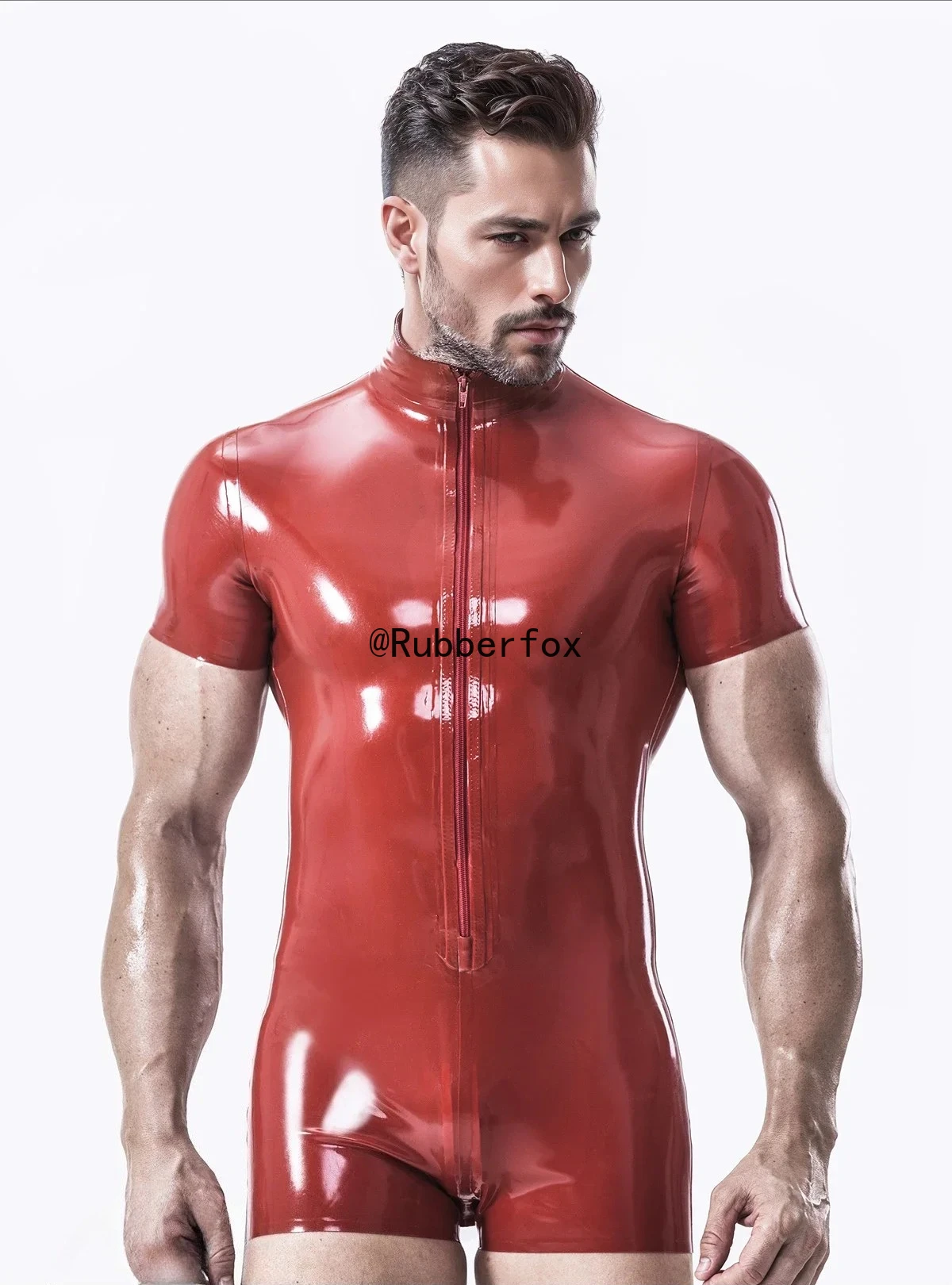 

customized mens fashion bodysuit red latex short sleeved bodysuit high neck front zipper rubber fetish club wear costume