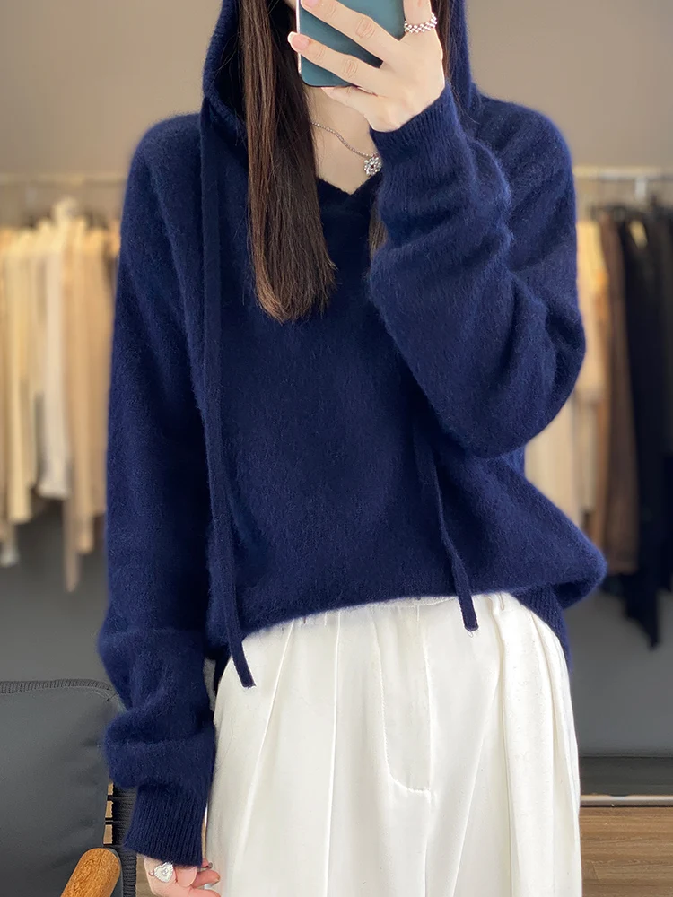 Autumn Winter Thick Women Sweater Hoodie 100% Merino wool Casual Long Sleeve Pullover Cashmere Knitted Coat Korean Fashion