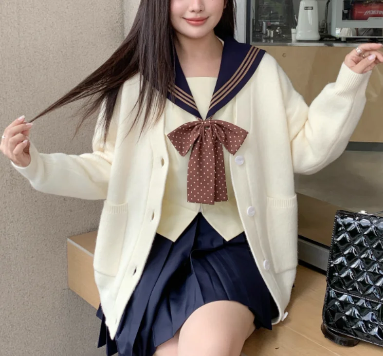 Large Size Jk College Apricot Age-reducing Japanese Sweater Cardigan Sweet Girl Loose Versatile Long Sleeve V-neck Knitted Coat