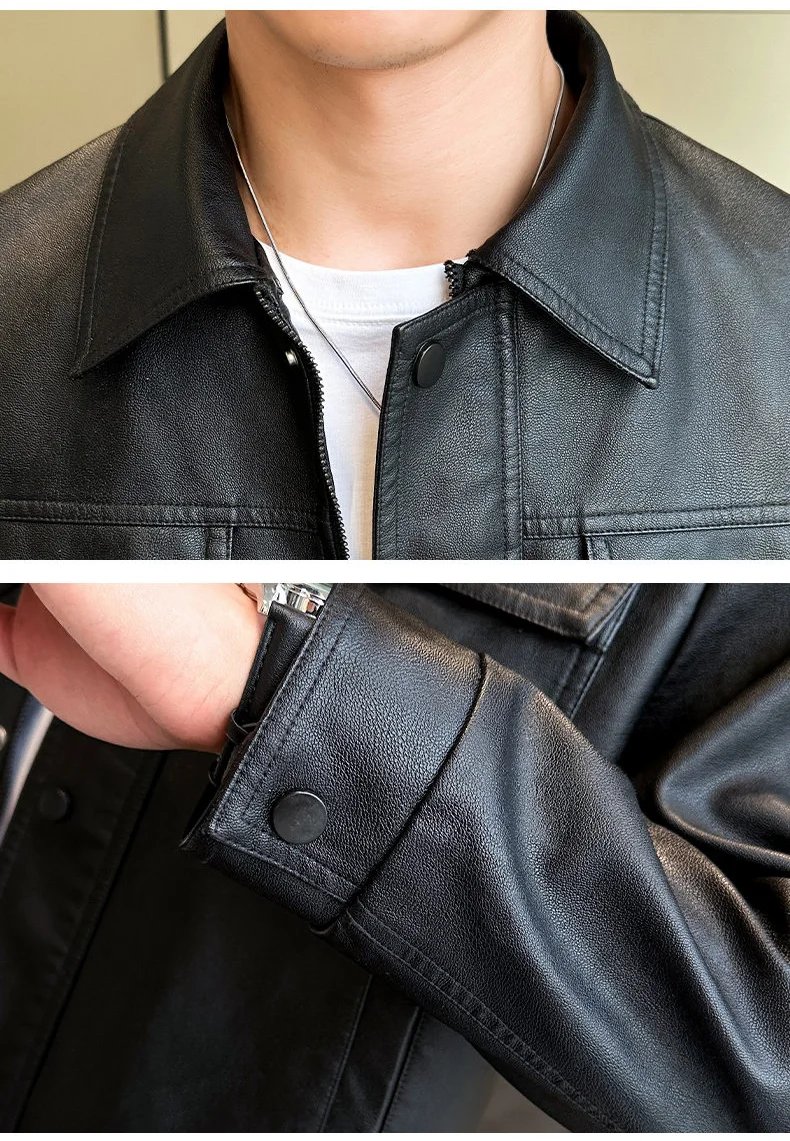 Men\'s Leather Clothing Spring Autumn New Solid Color Chest Mouth Design Trend High Street Lapel Coat Men Fashion Leather Jacket