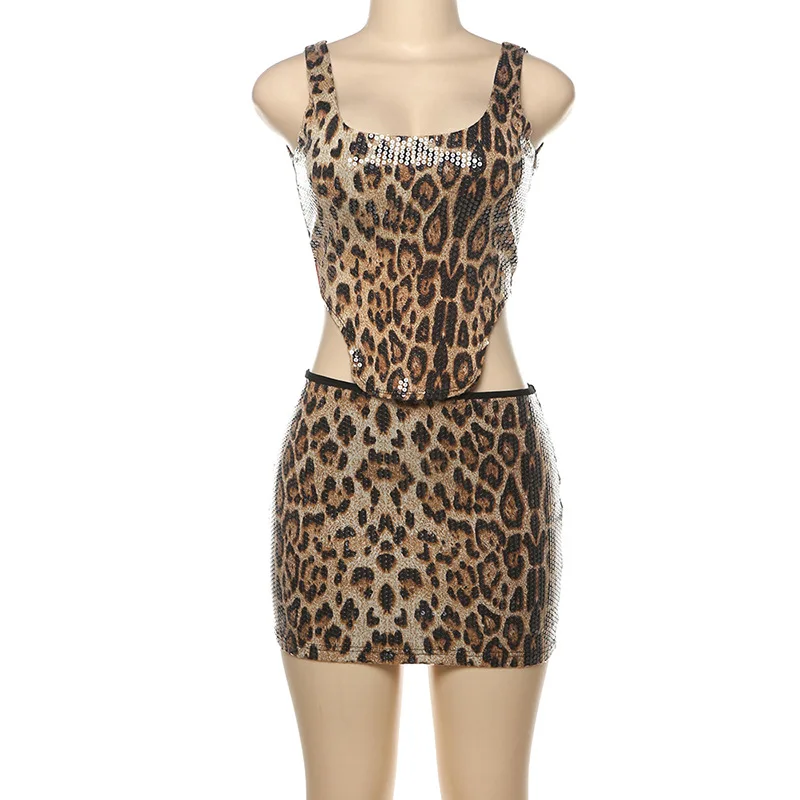 Leopard Print Sequins Two Piece Set Women Sexy U-neck Sleeveless Backless Irregular Tank Crop Tops + Mini Skirts Party Clubwear