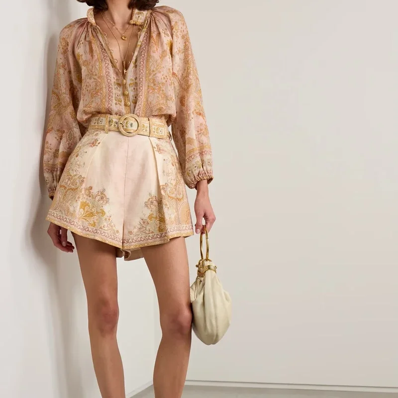 

Beach Vacation Women Set Australia Luxury Design Vintage Floral Print Loose Blouse and High Waist Shorts Suit for Summer Wearing