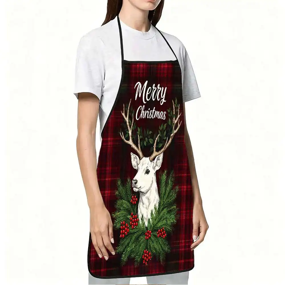 1pc Red Plaid White Deer/Moose Christmas Apron - Thickened Polyester Suitable For Cooking, Baking, Painting, Gardening With Deer