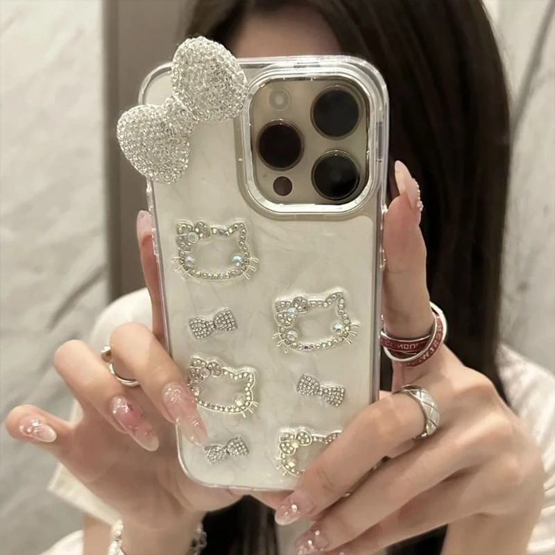 Light Luxury Sparkling Diamond Three-Dimensional Chain Hello Kitty Cat Apple 16 Phone Case Iphone 15/14 Plus/13Promax/12/11