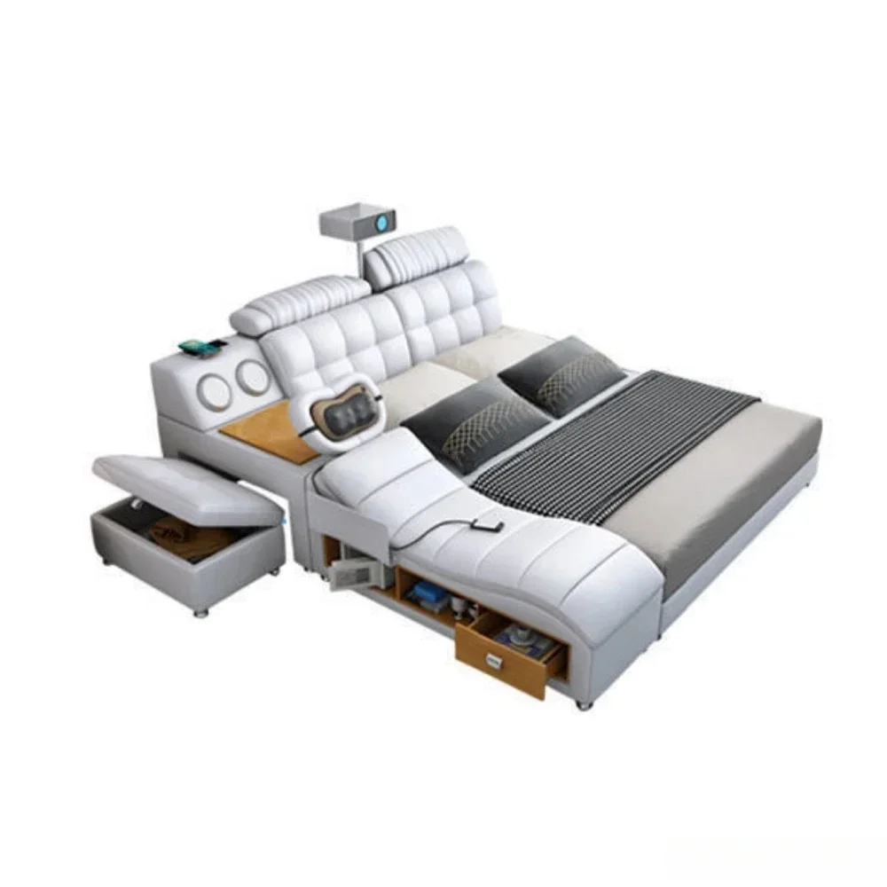 Tech Smart Genuine Leather Bed | Multifunctional Ultimate Beds | Massage Tatami Bed with Projecter | Upholstered Cama