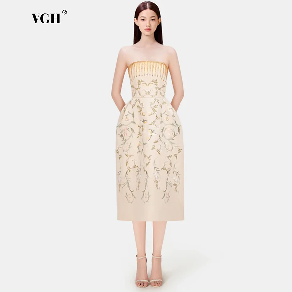 

VGH Elegant Floral Embroidery Long Dress For Women Strapless Sleeveless Backless High Waist Slimming Dress Female Fashion New