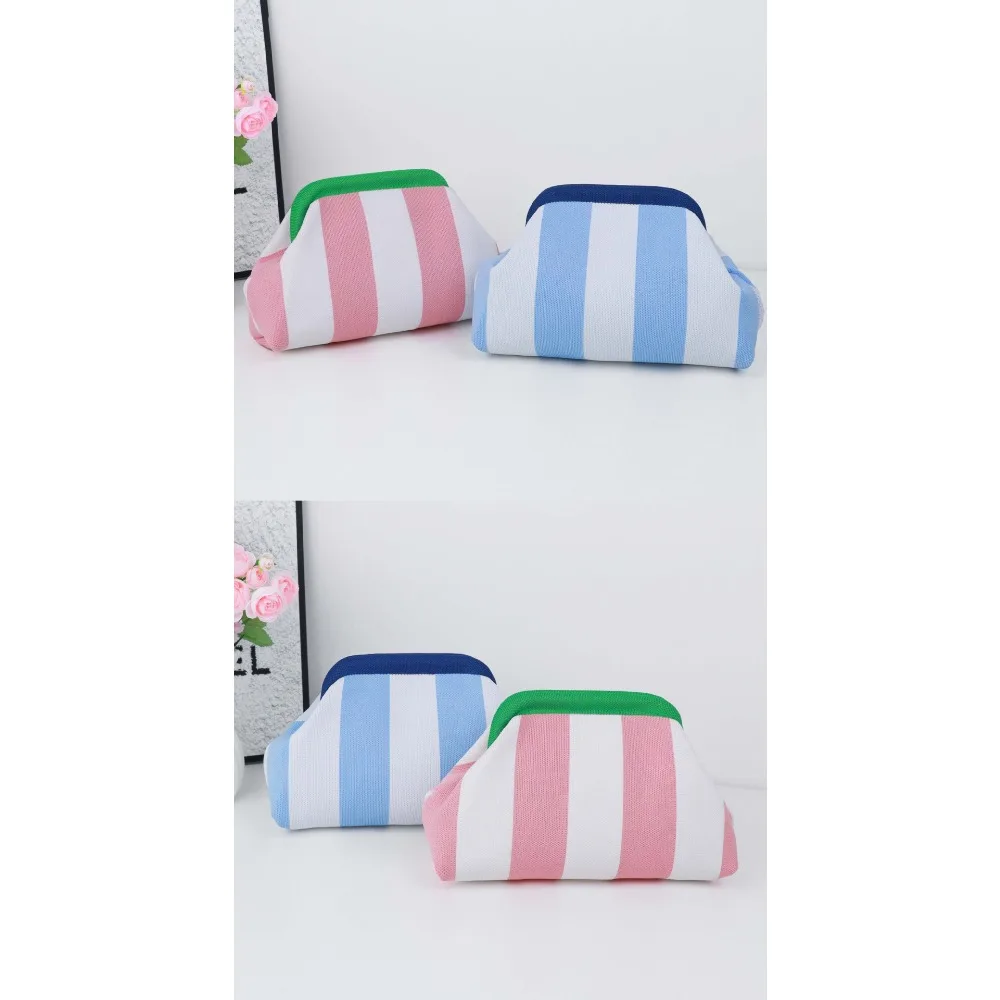 Neue gestreifte, frisch gefärbte gewebte Tasche für Damen, Fly-Knit Cloud Clasp, vielseitige, elegante Reise-Aufbewahrungstasche, Make-up-Tasche mit großer Kapazität, Handtasche. – Detail 4