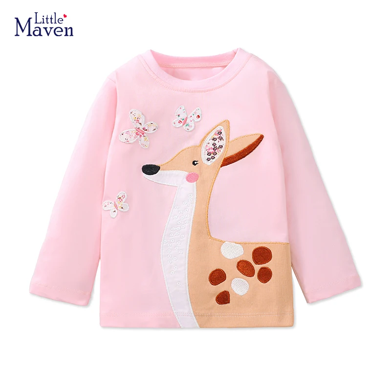 Little maven 2023 Kids Clothes Girls Children's Clothing Tops Embroidery Cartoon Deers T-shirt Cotton for Kids Boys