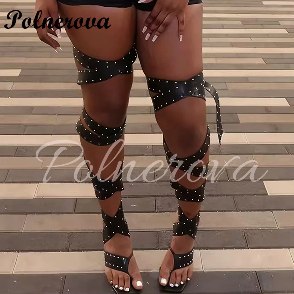 

Rivets Cross Tied Long Sandals Sexy Pointed Toe Gladiator Sandals Summer Sexy Knee High Sandals Boots Sandalias De Mujer Verano
