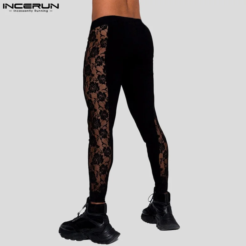 INCERUN Men Pants Lace Patchwork Sexy Elastic Waist Fitness Transparent Male Leggings Streetwear 2024 Fashion Trousers S-5XL