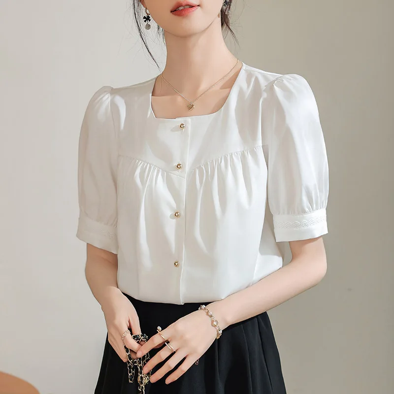 Women Clothing French Elegant Solid Short Sleeve Shirts Summer Fashion Patchwork Folds White Blouses Office Lady Chic Sweet Tops