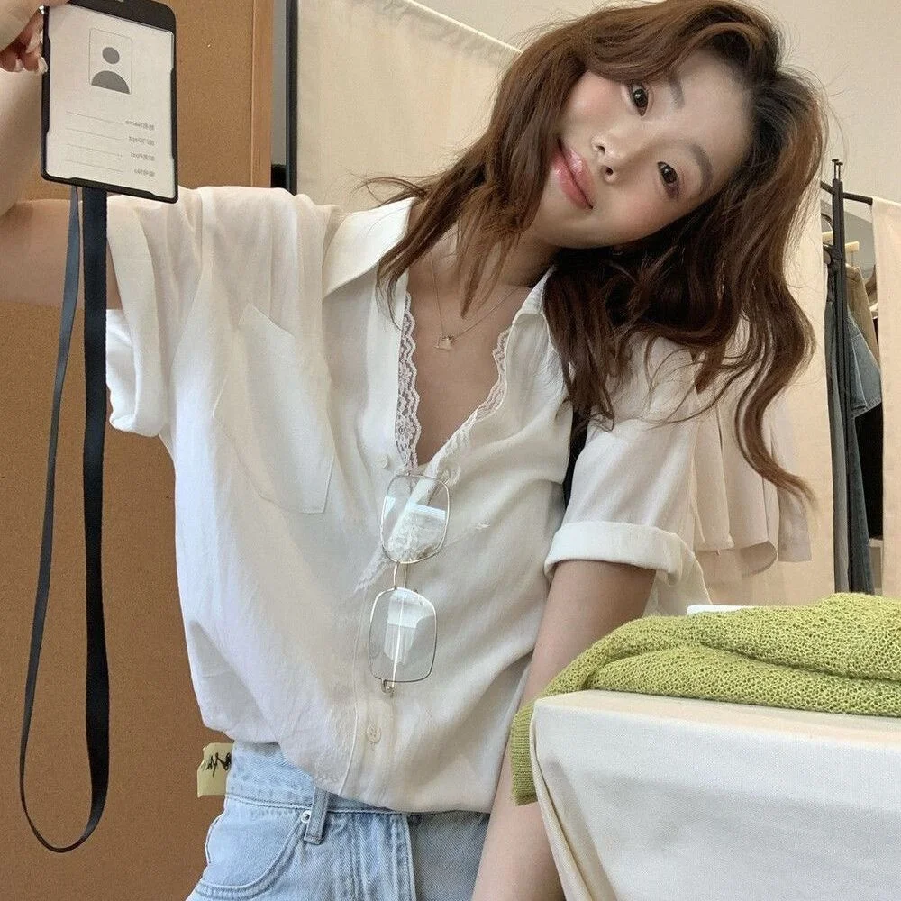 French Style Lace Splice Loose Short Sleeve Shirt Women's Summer New Fashion Breathable Comfortable Skin-Friendly Top