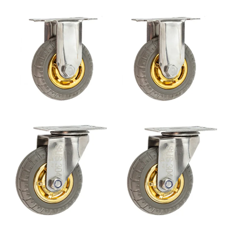 Juego de 4 ruedas de 5 pulgadas con placa superior o vástago roscado, ruedas rígidas/giratorias/de freno, de goma elástica con doble rodamiento, silenciosas.
