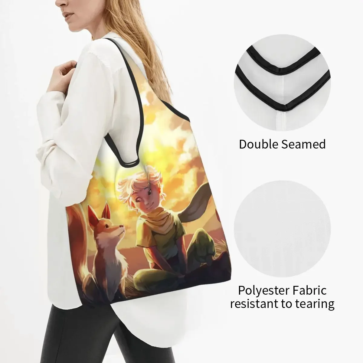 Reusable The Little Prince Grocery Bag Foldable Machine Washable Art Fox Shopping Bags Large Eco Storage Bag Attached Pouch