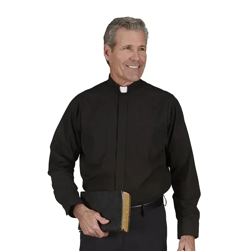 Camisa de clero de manga larga con cuello de pestaña para hombre, disfraz de sacerdote, Pastor, predicador, ministro, ropa de clérigo, Tops negros