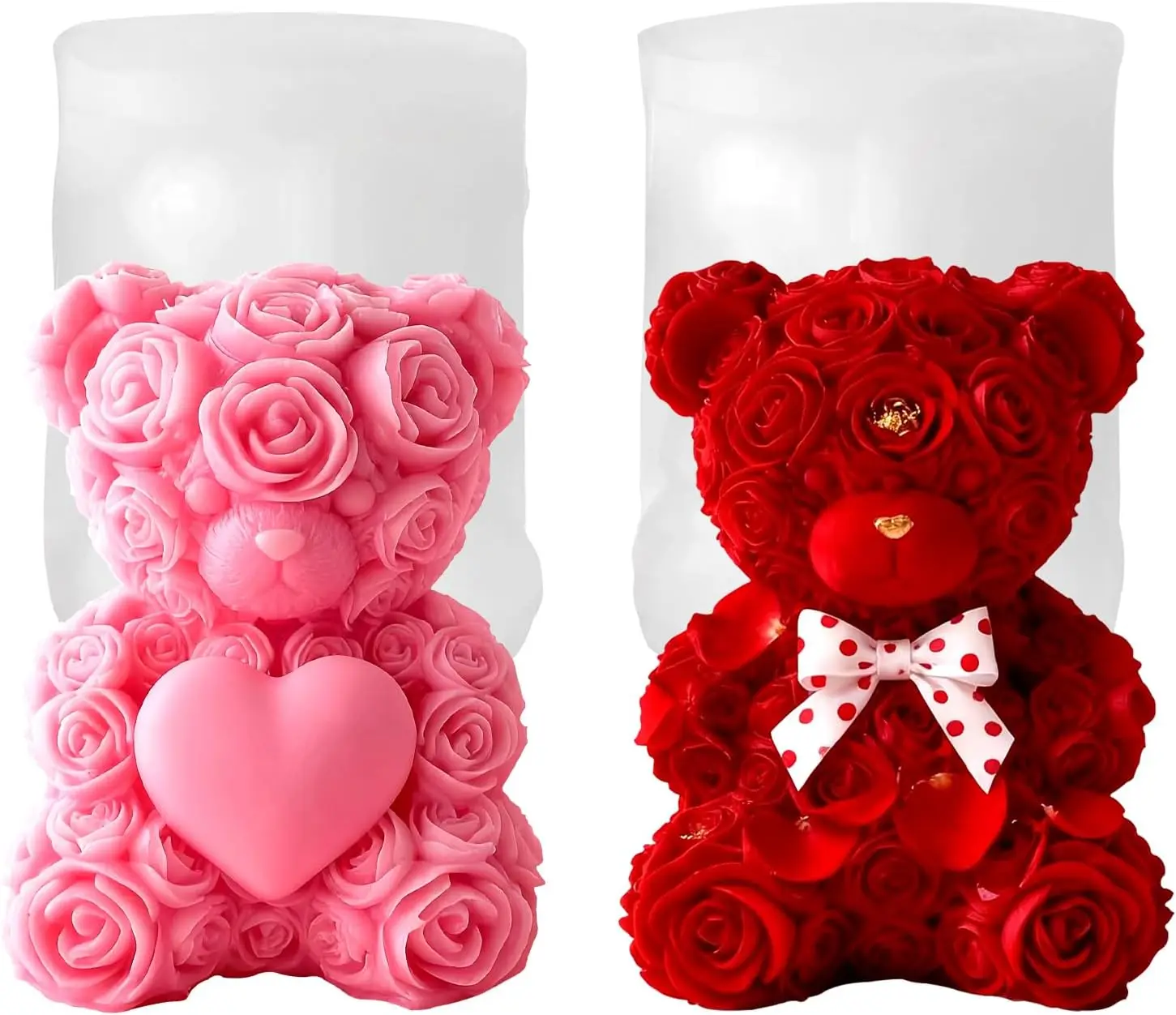 2PCS 3D Rose Bear Candle Molds Teddy Bear Silicone Molds for Epoxy Resin DIY Candle Soap Chocolate Cake Making Valentine's Day B
