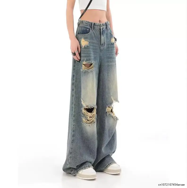 Women's Ripped Black Gothic Jeans Y2k Retro 90s Aesthetic Denim Pants Vintage Harajuku High Waist Wide Leg Cowboy Pants Clothes