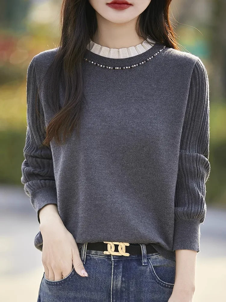 Women's Knitted Base irt Lace Collar Beaded 2024 New Faion Warm Sli Layering Fine Spun Wool Spring Autumn New