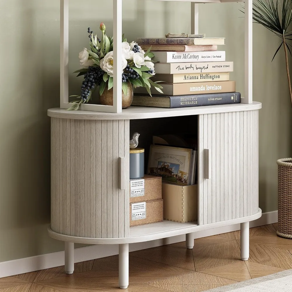 4-х уровневая высокая современная книжная полка со шкафом для хранения, раздвижной дверью и регулируемыми ножками для домашнего офиса