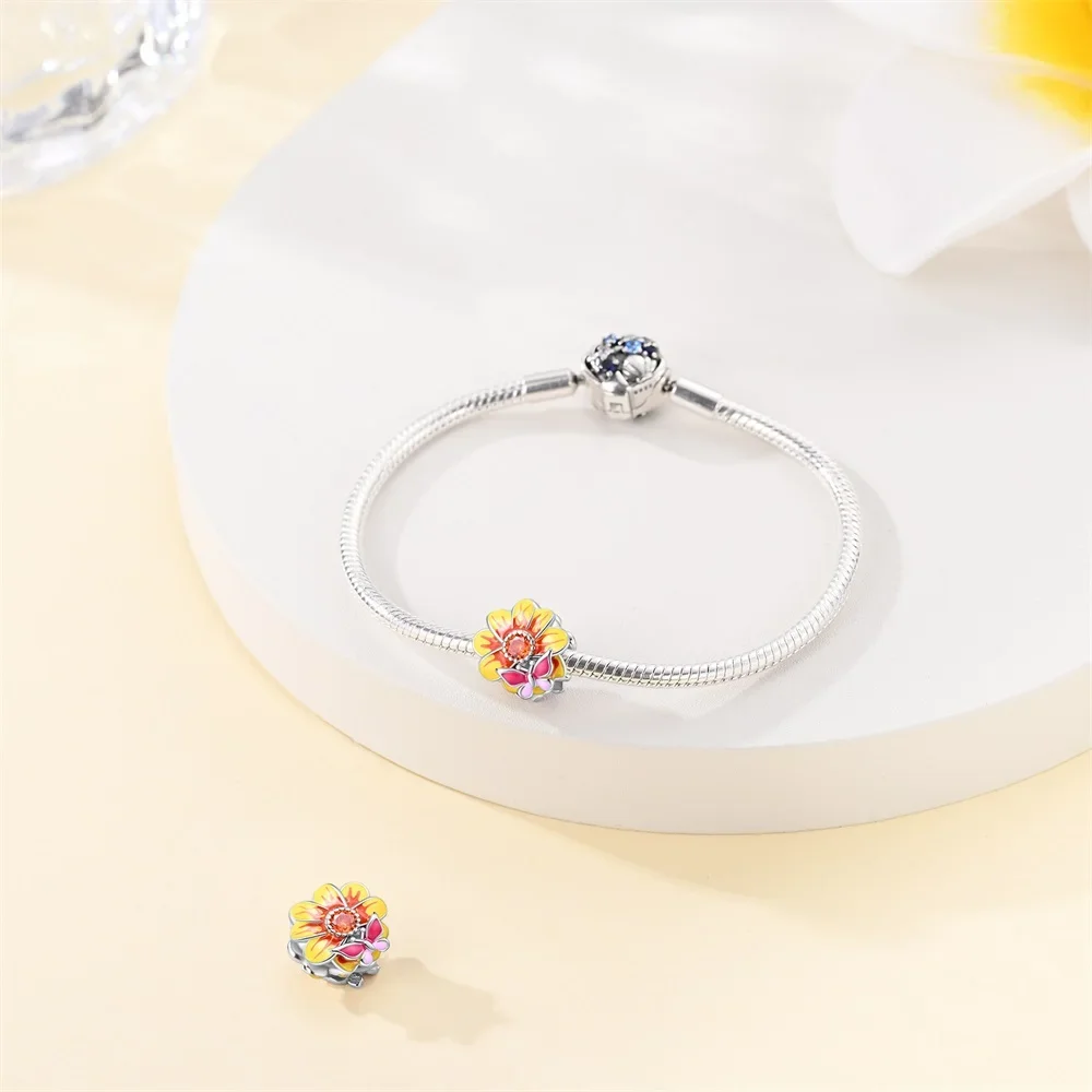 سحر الأصلي 925 فضة عباد الشمس الأحمر فراشة الخرز صالح سوار المرأة صنع المجوهرات Diy بها بنفسك هدية #3