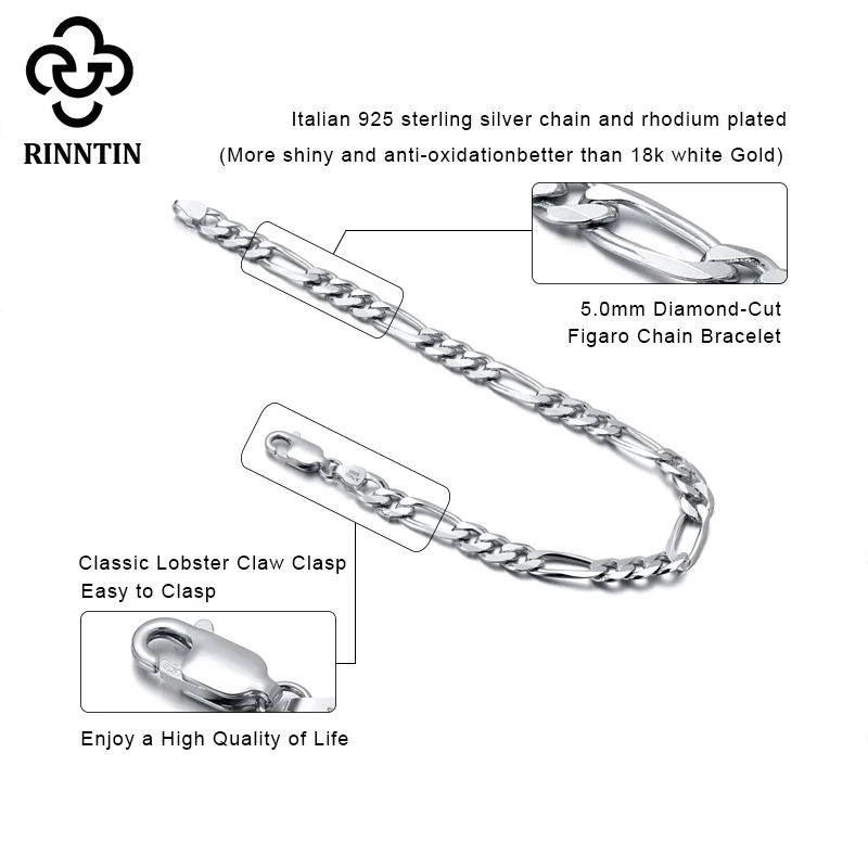 Rinntin 925 Sterling Silver Italian 5mm Diamond-Cut Figaro Link Chain Bracelet for Women Men Fashion 14K Gold Punk Jewelry SB66