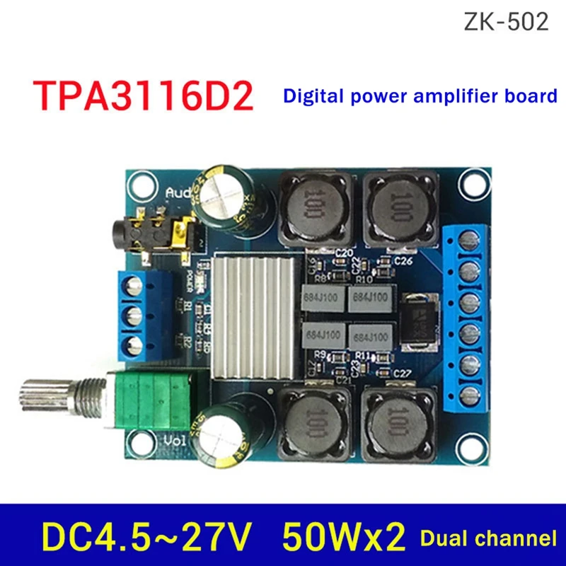 

ZK-502 плата цифрового усилителя мощности TPA3116D2 50Wx2, двухканальный стерео-модуль усилителя мощности, 4,5-27 В постоянного тока