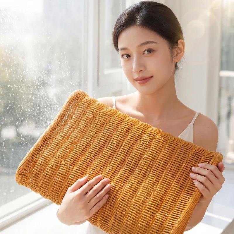 Four season neck protection pillow with hollow out breathable rattan pillow, comfortable and washable elastic hand woven pillow