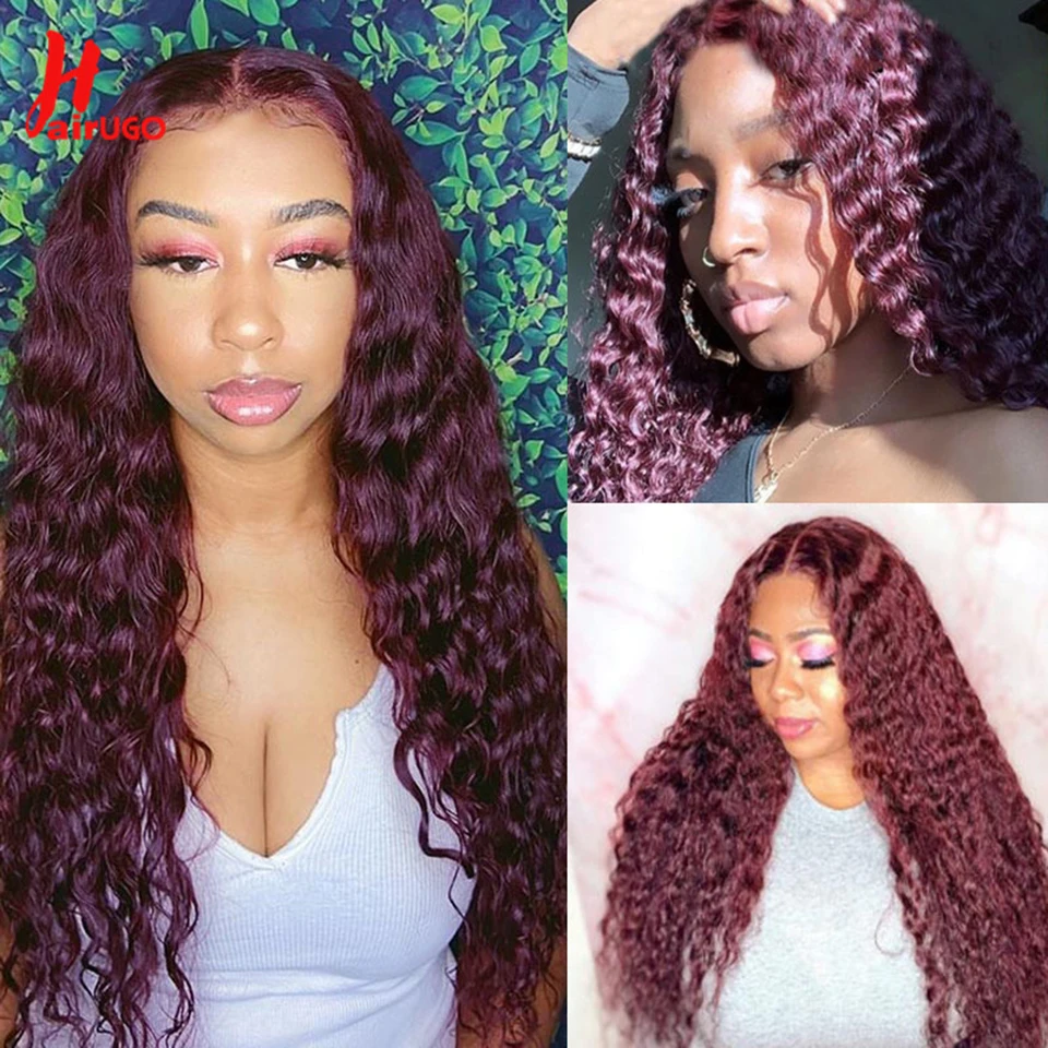 Burgundy Water Wave Bundles With Closure HairUGo Brazilian 99J Human Hair Closure With 3 Bundles Remy Pre-Colored Hair Weaving