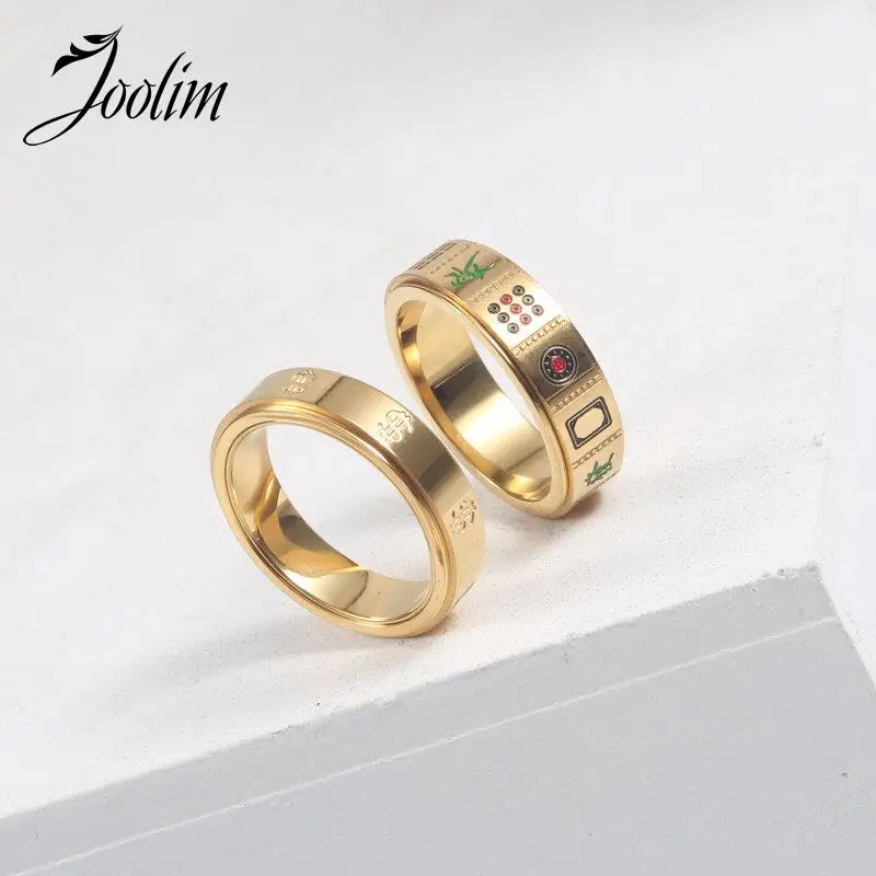 

Joolim Jewelry High End PVD Fashion Tarnish Free Swivel Mahjong Dollar Symbol Stainless Steel Ring For Women