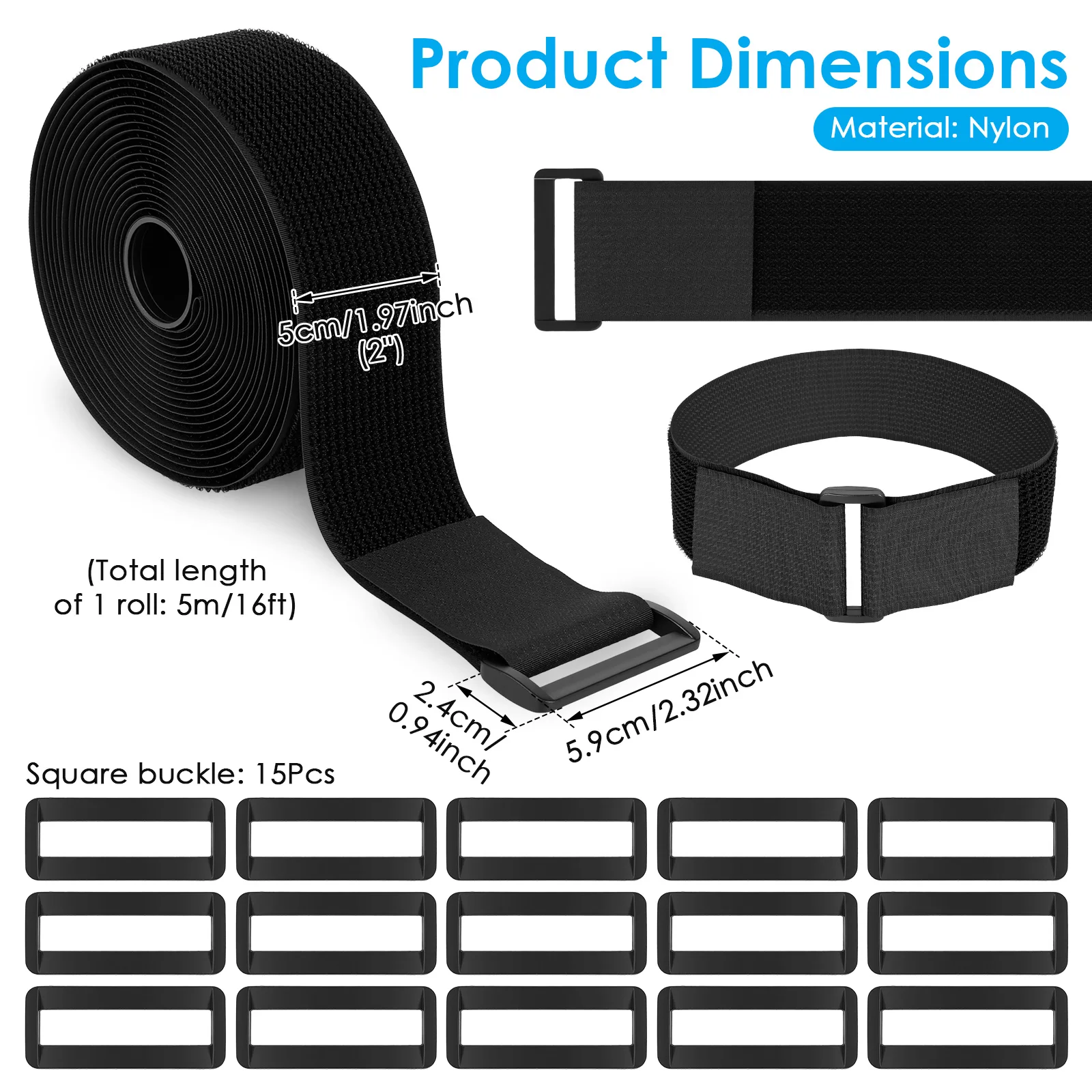 2''x 16Ft Heavy Duty Hook and Loop Straps with 15 Buckles Adjustable, Cut-to-Length, Reusable Cinch Straps for Securing Cables