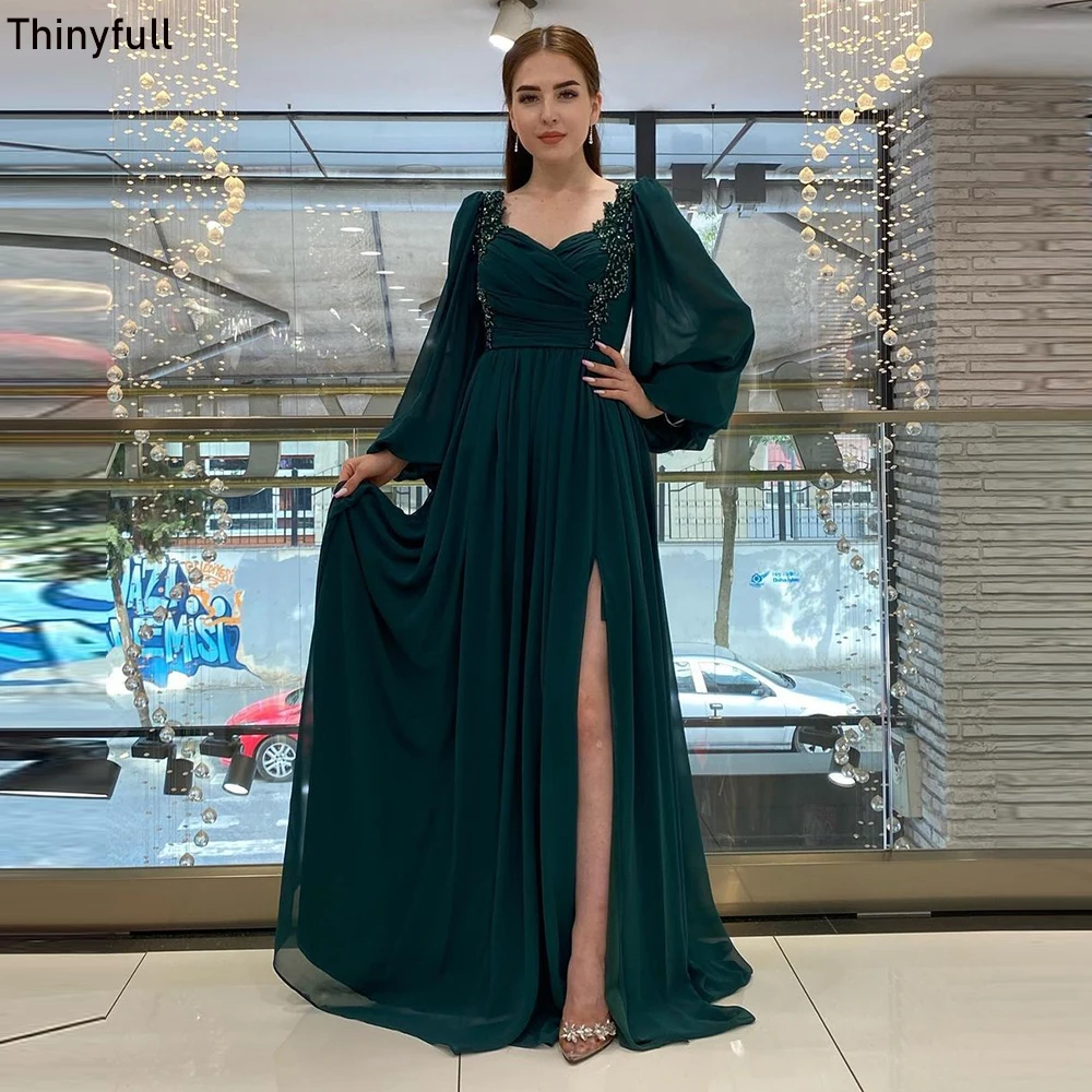 

Thinyfull Saudi Arabic A-line Chiffon Prom Dress Long Sleeves Appliques Evening Party Gown 2023 Split Women Formal Event Dress