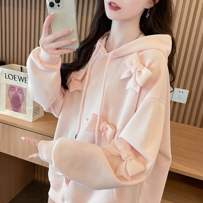 

Y2K Sweet and Spicy Girl Hoodie with Bow and Velvet Thickened Hoodie Autumn/Winter Spicy Girl Loose Trendy Casual Women's Top