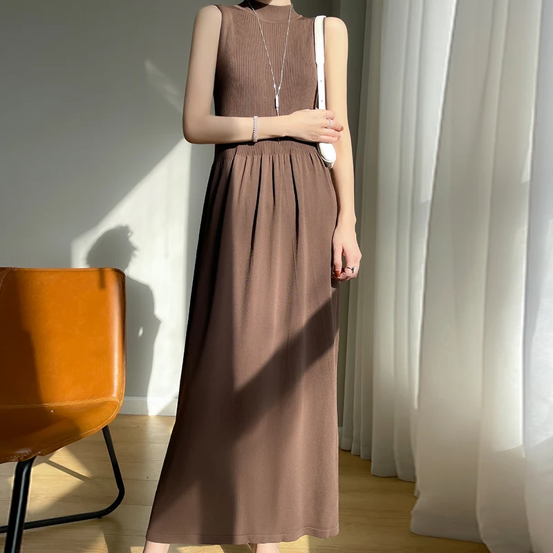 YSC 2023 Women Knitted Ice Silk Tank Top Long Dress Half height collar Solid color Sleeveless pleasantly Slim fit Dress