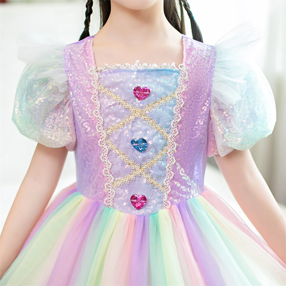 Girls Unicorn Rainbow Dress Kids Halloween Birthday Carnival Party Fancy Vestido Gradient Costume Princess Puff Sleeve Ball Gown