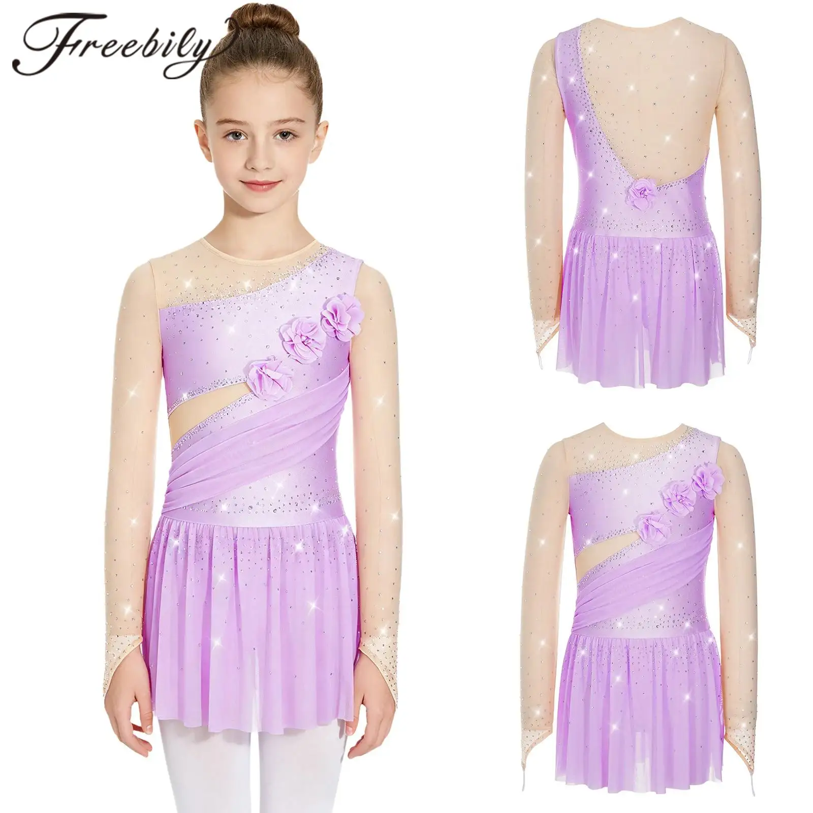 Kids 3D Flower Gymnastics Ice Skating Outfit Rhinestone Figure Skaitng Dress for Girls Ballet Modern Dance Dress for Performance