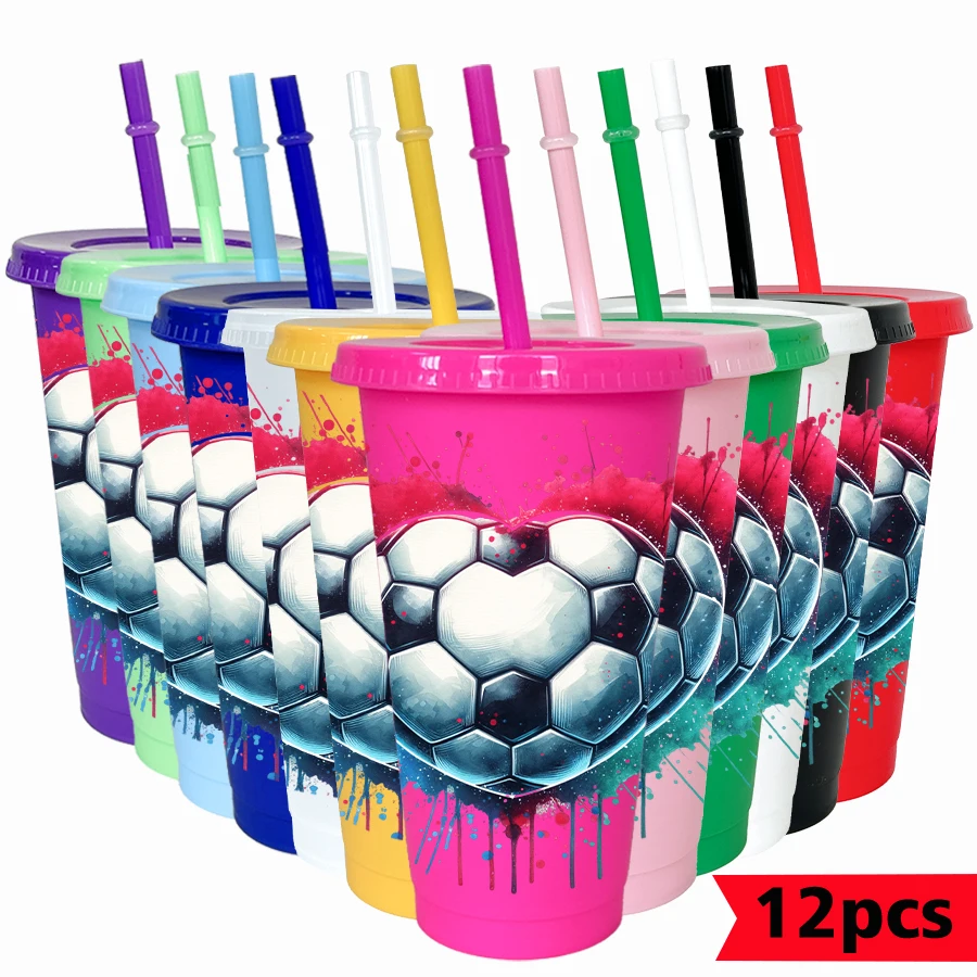 

Набор из 12 пластиковых стаканов для холодных напитков, 26 унций, с цветным рисунком в виде футбольных сердец, для дня рождения/празднования начала учебного года, для напитков и кофе
